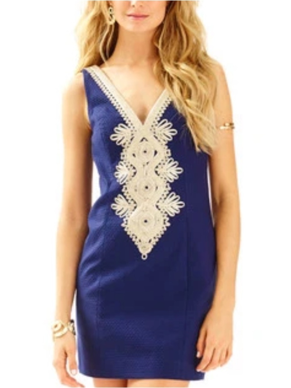 Lilly Pulitzer Junie Navy Sleeveless V-Neck Dress with Gold Crochet Trim